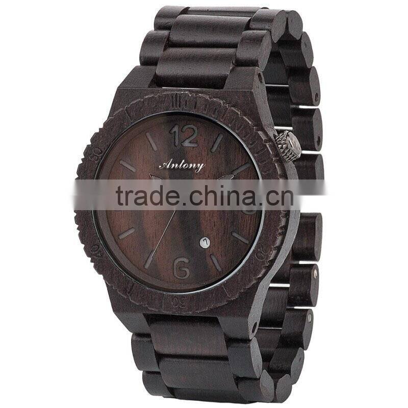 2015 Wooden Men Watch Ebony Case even strap / Japan movement with calendar