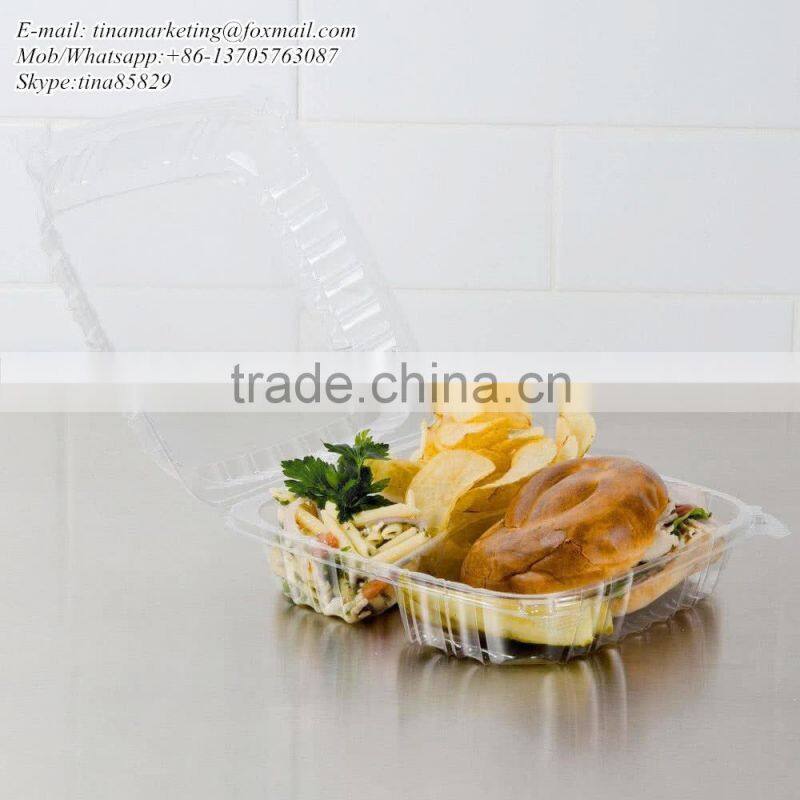 Clear Hinged BOPS Plastic Food Service Box Multi Compartment Clamshell Food Container