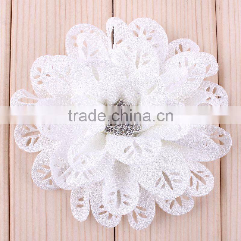 hot cutting fabric flower with rhinestone center for kids hair accessories