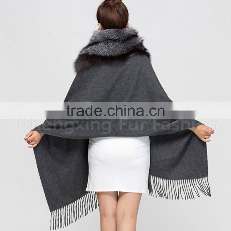 CX-B-P-53A Women Luxury Fox Fur Trim Pashmina Shawl