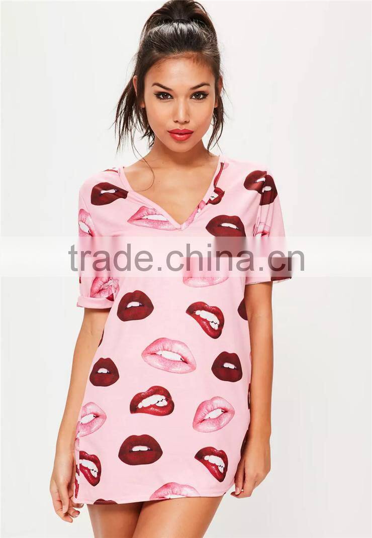 Custom Full Print Women Oversizes V Neck Pink Lip Print Nightshirt Roll Sleeve Causal Loose Sleepwear