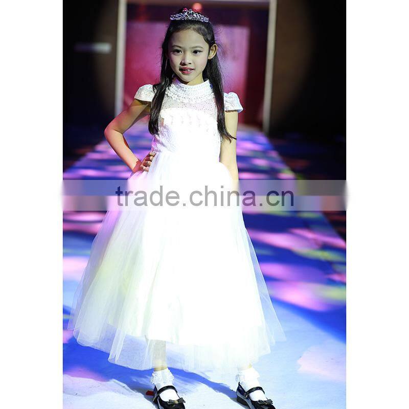 long dress white flower girls party collar with beads trendy fluffy school model kids