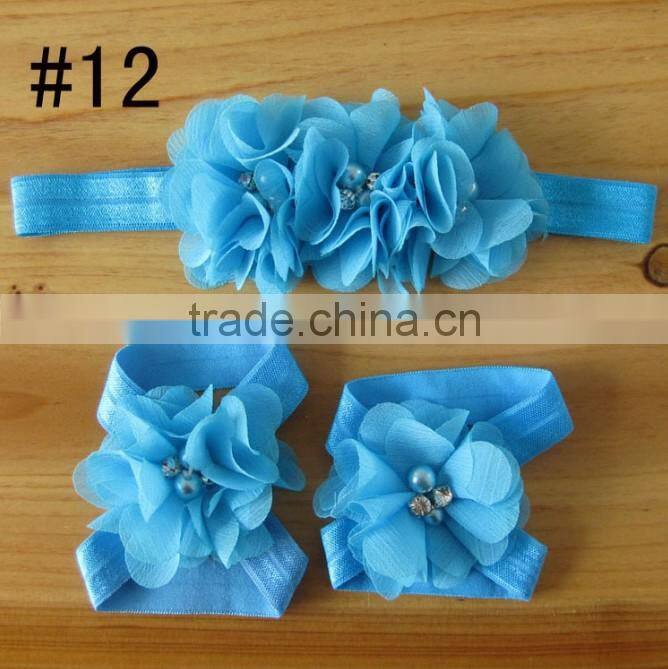 Hot 2014 fashion popular children's hand stitching Chiffon Rhinestone Flower Hair Band foot flower set and baby wrist flower