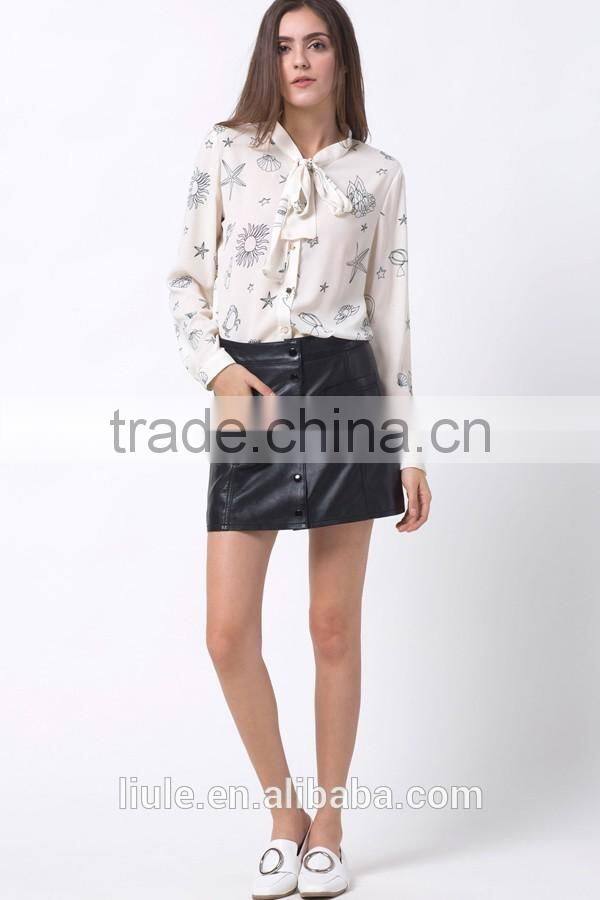 New design women white printed bow decor long sleeve chiffon blouse