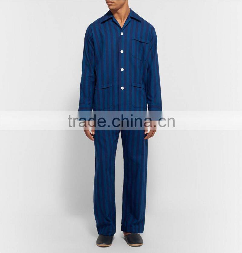 Navy Cotton Men's Sleepwearing Shirt and Pants Comfortable Loungewear with Notch Lapels and Patch Pockets