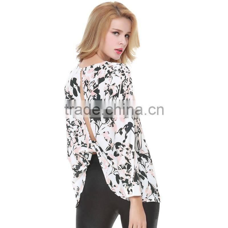 Women's autumn new style back split ink printing leaves pattern long sleeve chiffon shirt