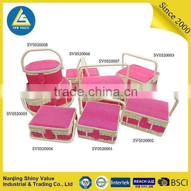 wholesale rectangle cotton fabric PP cord covering sewing baskets with handle & Pincushion & Removable Tray - Patchwork