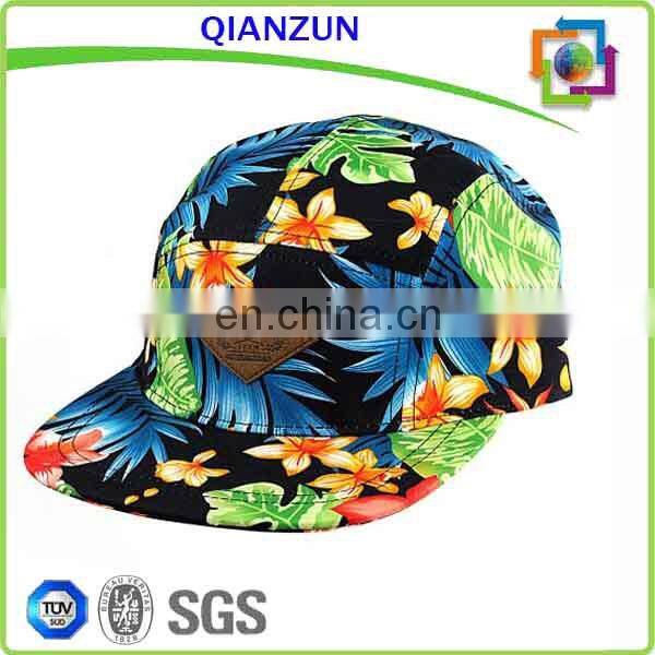 Leather Back Strap Print Pattern Hat Custom Logo 5 Panel Hat Wholesale