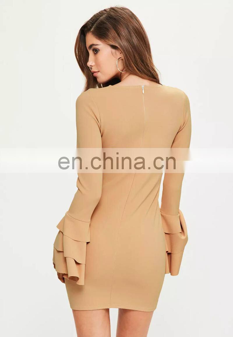 Nude Plunge Frill Sleeve Bodycon Dress in Mini Length 2017