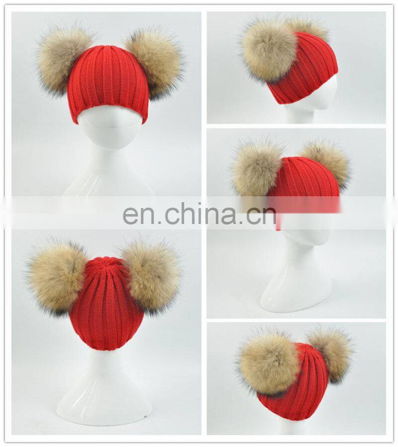 High Quality Kids Knitted Beanies Hat Double Big Raccoon Fur Pom Pom Hat Baby