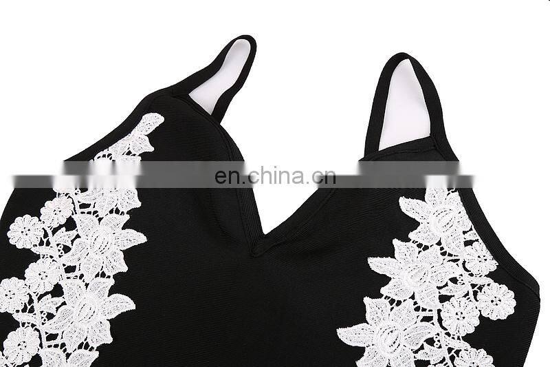 Amigo 2017 new designer strap low cut sexy lace flower bandage dress dew check midi evening dresses for ladis party wear