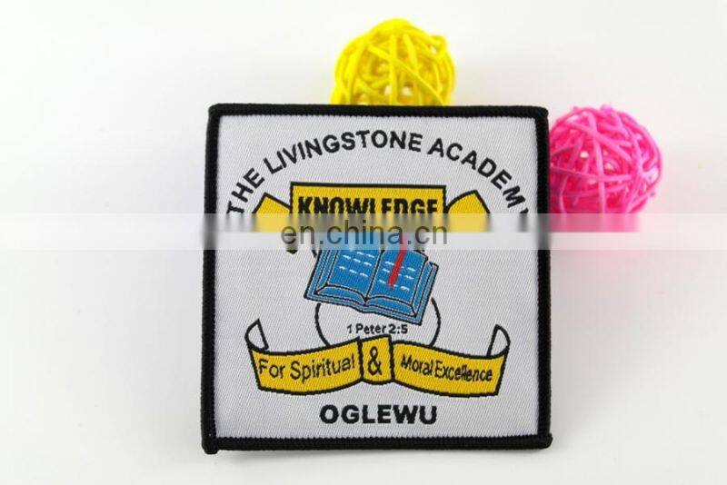 die-cut shape beatiful white background school woven badge customized cheap woven badge for kids personal woven badge for cloth