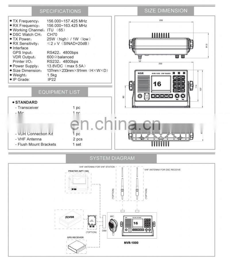 Marine electronics maritime navigation communication NVR-1000 GMDSS IMO ship class A DSC CH70 VHF radiotelephone transceiver