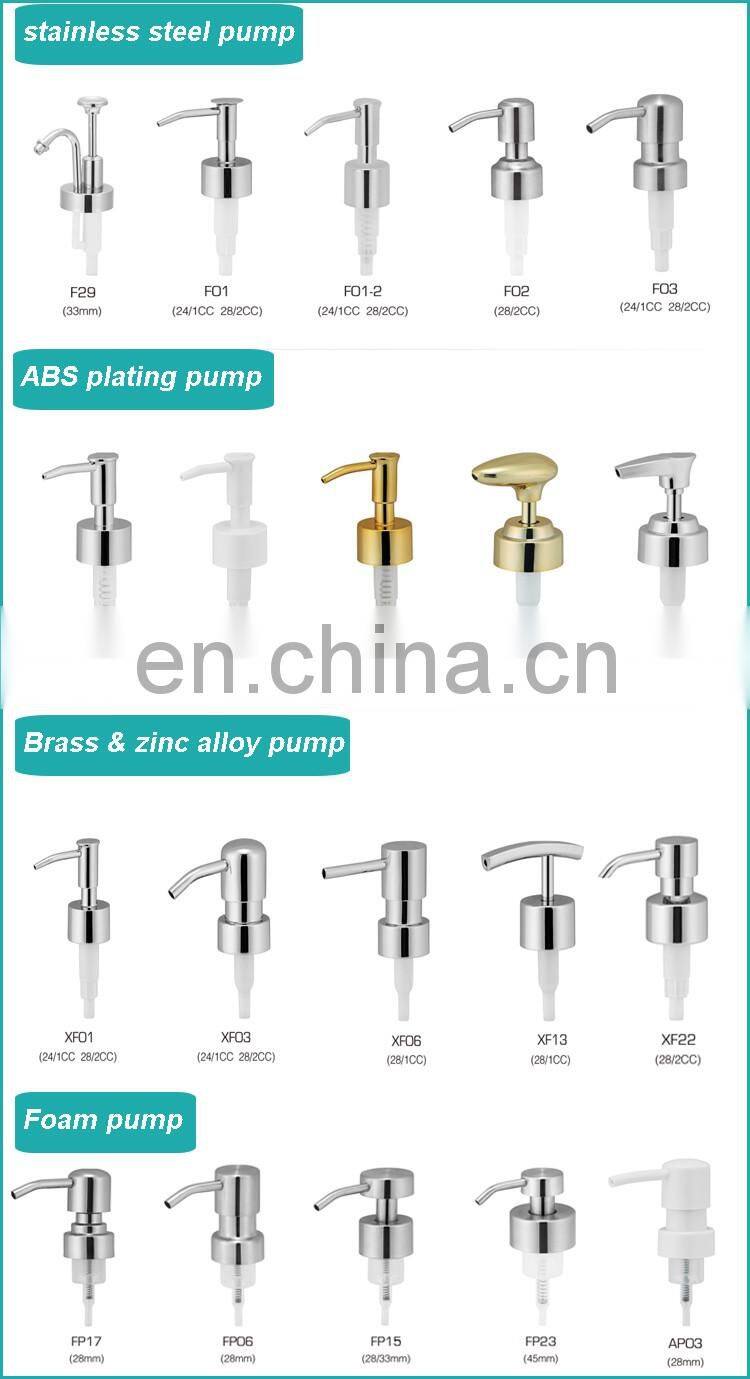 High quality 1cc 2cc dosage 33mm brass finished glass bottle lotion pump 24/400 liquid soap pump stopper