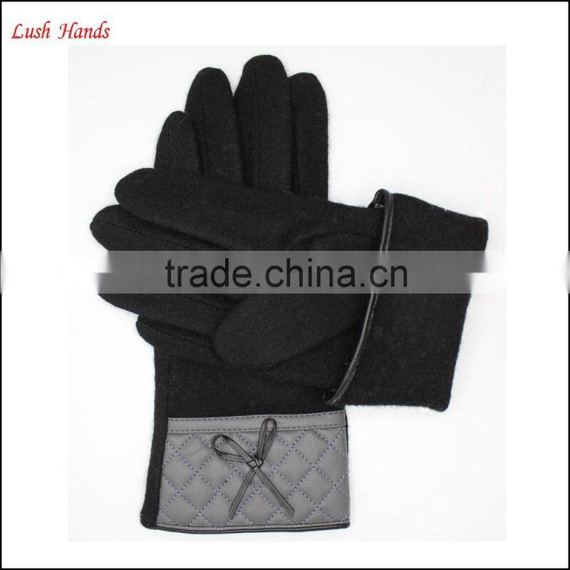 2016 new style woolen gloves with leather wrist for women