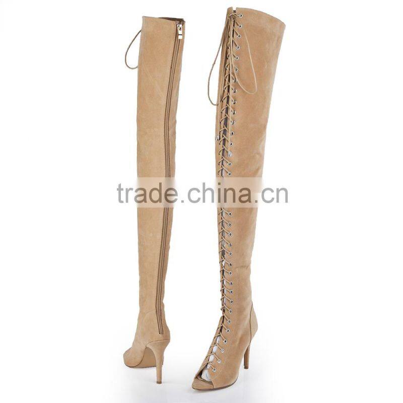 Fancy Hand Made Shoes boots Ladies Summer Peep Toe Long Boots Lace Up Thigh High Boots for Women
