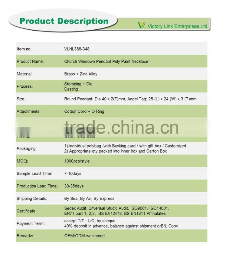 Church Windown Angel Pendant with Poly Paint color filled in necklace