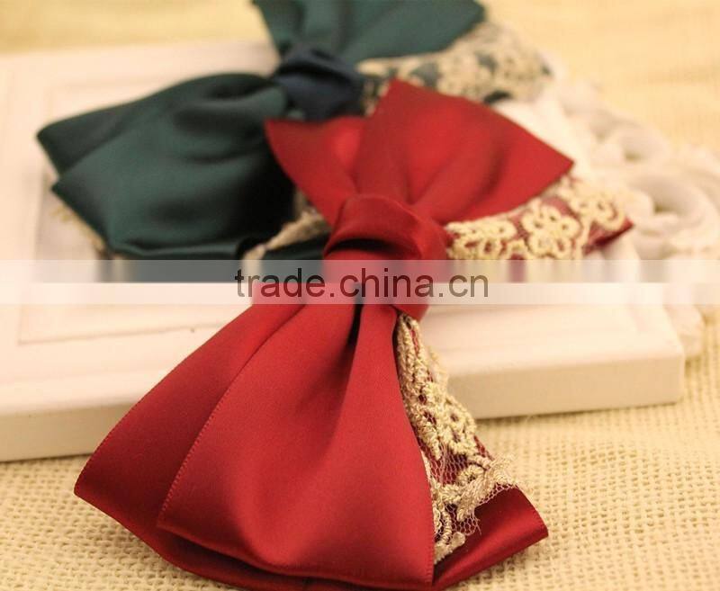 Large three layered satin ribbon bow Clip,Gold Lace bow Flower