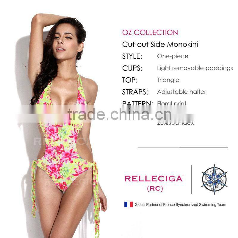 RELLECIGA 2016 OZ Collection - High Contrast Floral Blooming Pattern One-piece Swimsuit with a Trio of Straps at Center Front Op