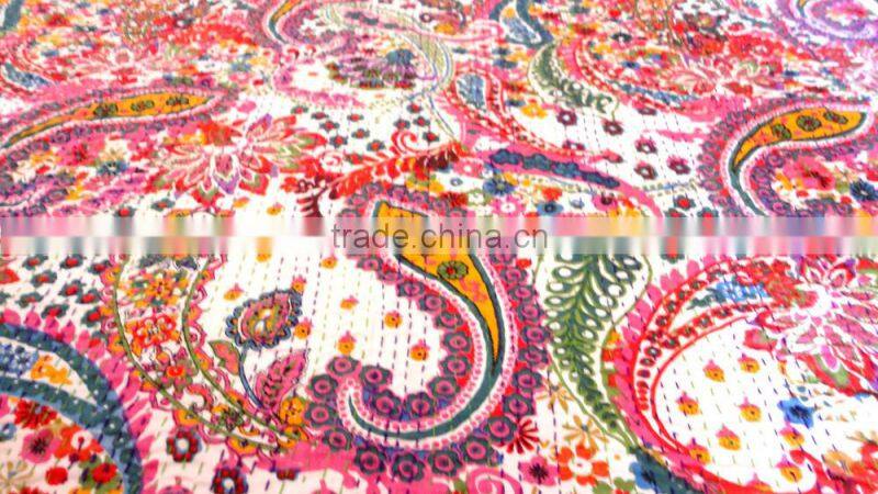 RTHKG-8 Paisley Printed Cotton Fabric Vintage Bedspread Wholesaler Traditional Handmade Stitching Gudri Throw Kantha Jaipur