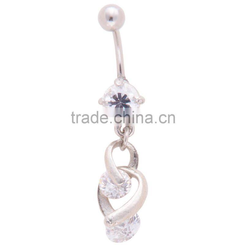 Big Zircon Inlay Dual Hearts lining Dangle Belly Button Naval Ring.