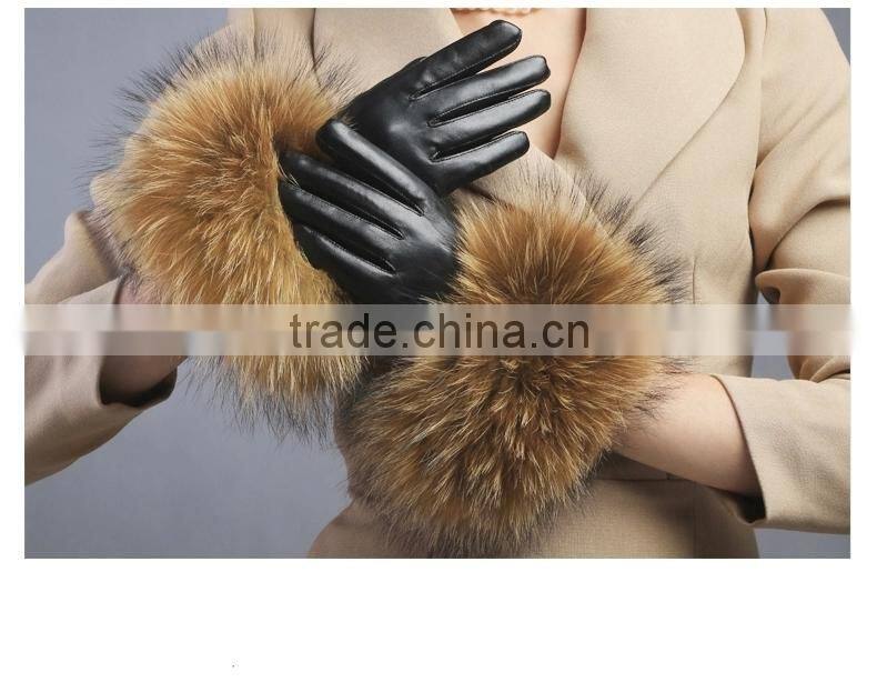 Women Girls Winter Plush Raccoon Fur Leather Mitten Gloves Warm Driving Gift