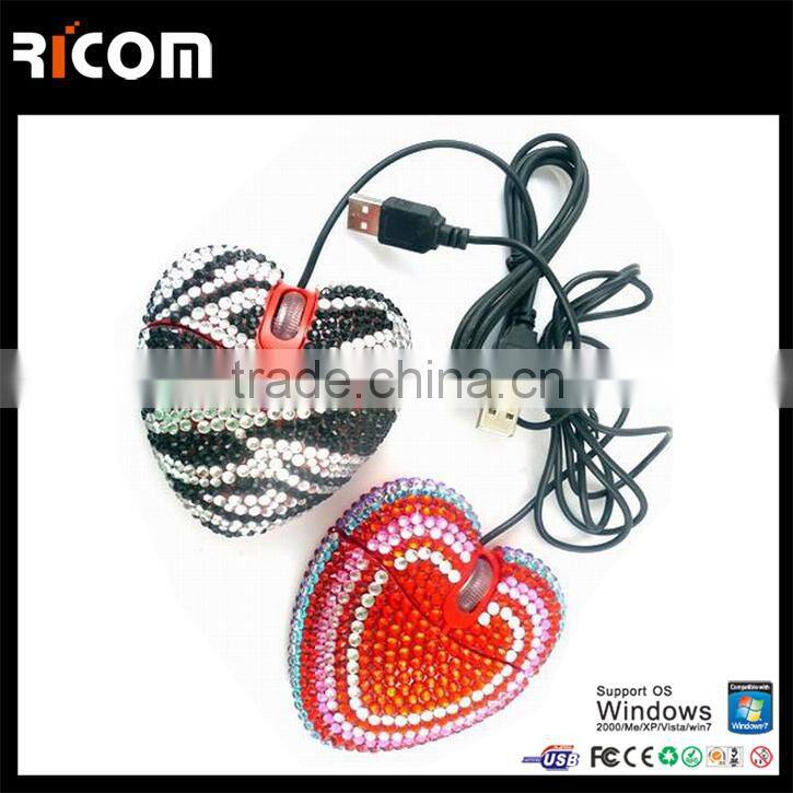 Top Selling Optical Wired USB rhinestone mouse,heart shape computer mouse for women