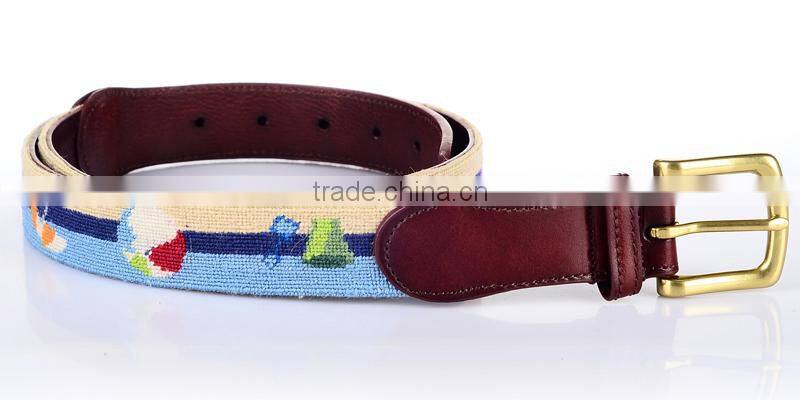 Golf belt cowhide leather 100% hand stitching needlepoint belt