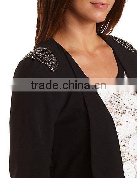 custom design elegant beaded shoulder open women blazer
