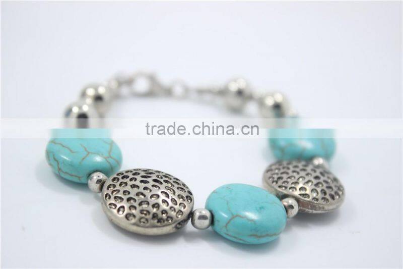 Handmade Gypsy Tibet Silver Turquoise Stone & Uneven Flat CCB Beaded Bracelet For Women Jewelry 2016New Intrend style