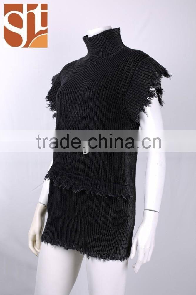 Search products ladies' high collar neck short sleeve pullover knitted sweater with acid wash &broken effect