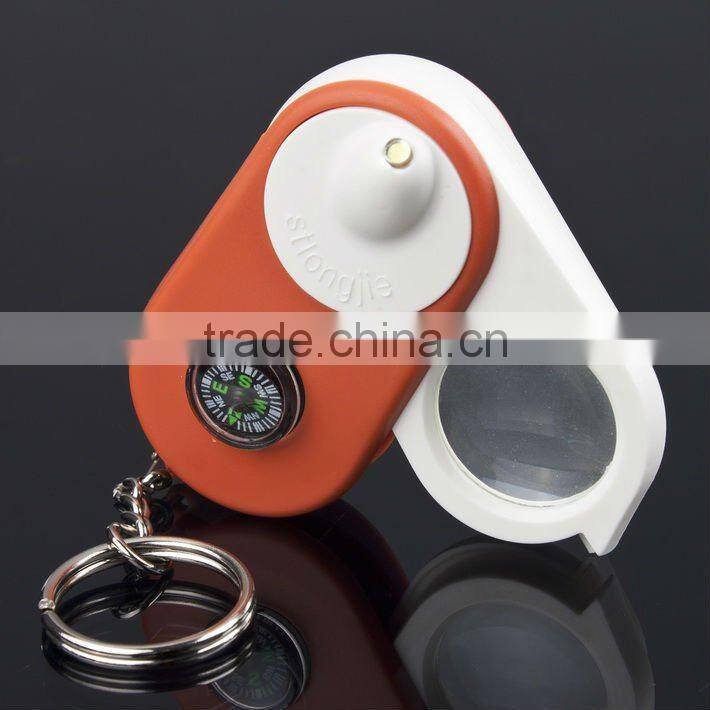 Mini Jewelry Loupe Keychain Magnifier Hiking Compass Magnifying Glass LED 15X