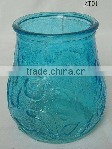 blue glass candle holder with pattern design