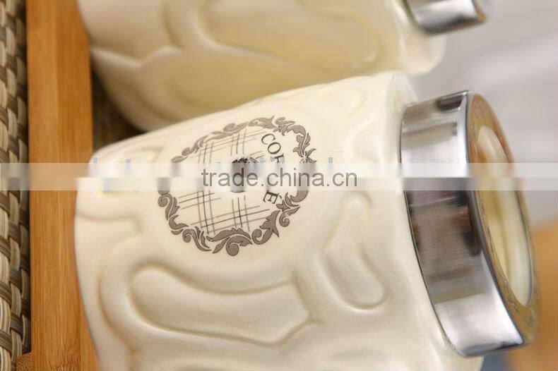 3pcs ceramic canister set with embossed design & bamboo stand