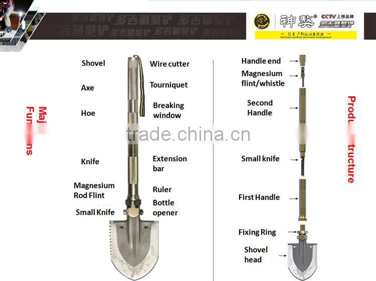 New Model Multifunction Off Road Car Tool Sets with Shovel Hoe Knife Flint and Flashlight