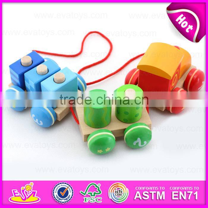 Colorful wooden Pull Shape Block Train Toy for kids,EN71 top sale pull line toy vehicle wooden toy train OEM W05C025