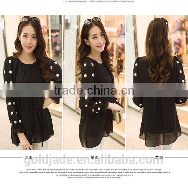 OEM lady sexy loose rose red and black chiffon dot round collar long petal sleeve blouse