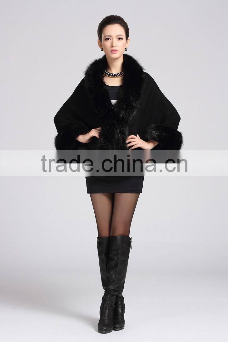 2015 winter fashion knitting with faux fox fur shawl woman cape