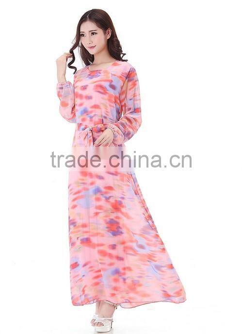 2015 fashion ladies long sleeve chiffon muslim long dress
