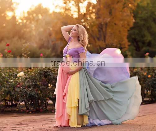 Rainbow Baby Girls Gown Multi-layer Maxi Mommy And Me Long Dress Chiffon New Style