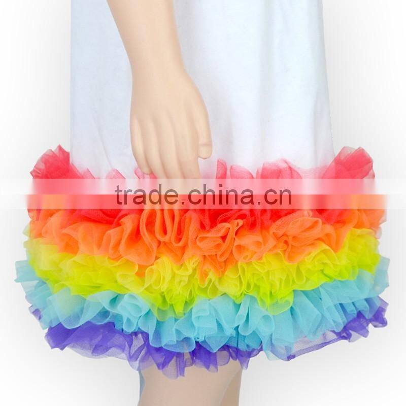 Summer Girls Sleeveless White Above Knee Dress With Colorful Rainbow Tulle Hem