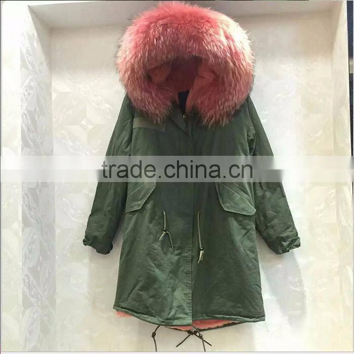 Myfur Long Parka Real Rabbit Fur Lining With Dyed Raccoon Fur Hood