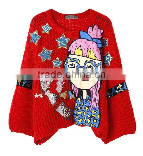 M1212 Runwaylover 2016 latest design fashion ladies sequin cartoon girl star pattern knitted sweater