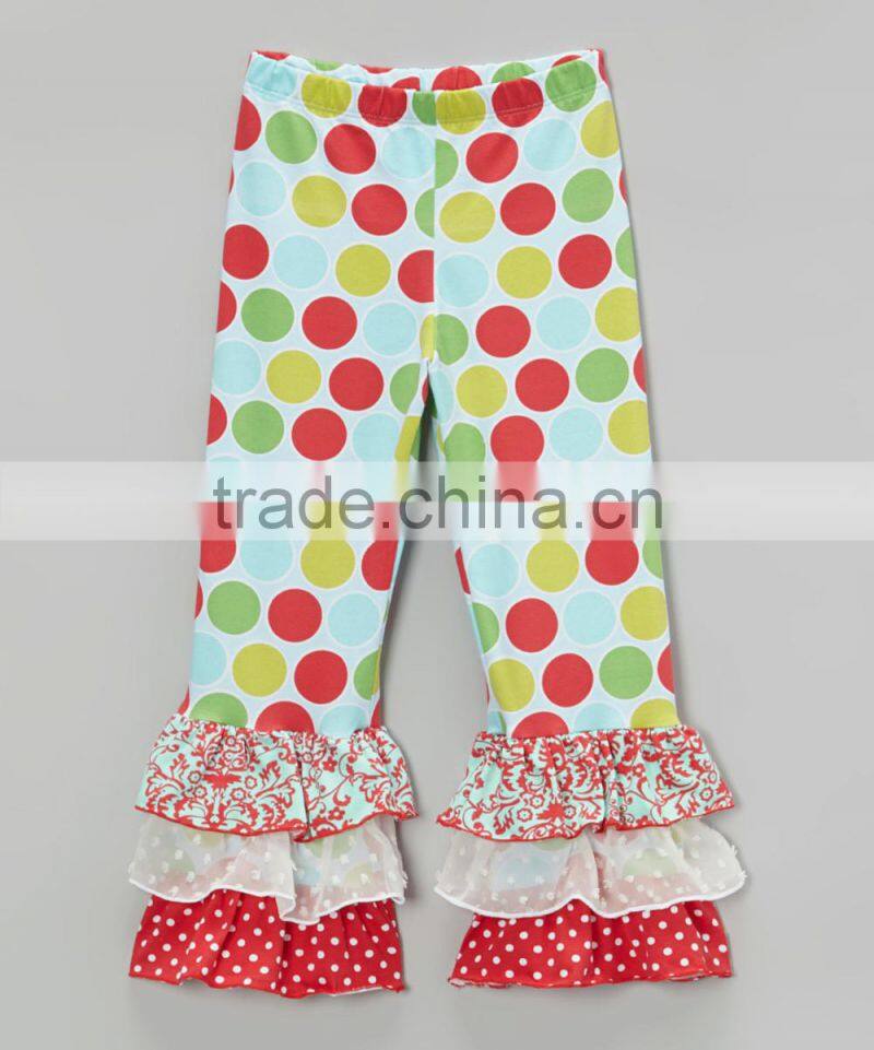Newest Autumn Girl Pants With Jolly Polka Dot Triple Ruffle Casual Trousers Fancy Kids Clothes Z-PT80804-8