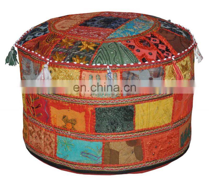 Indian Pouf Stool Vintage Patchwork Embellished with Patchwork Living Room Ottoman Cover