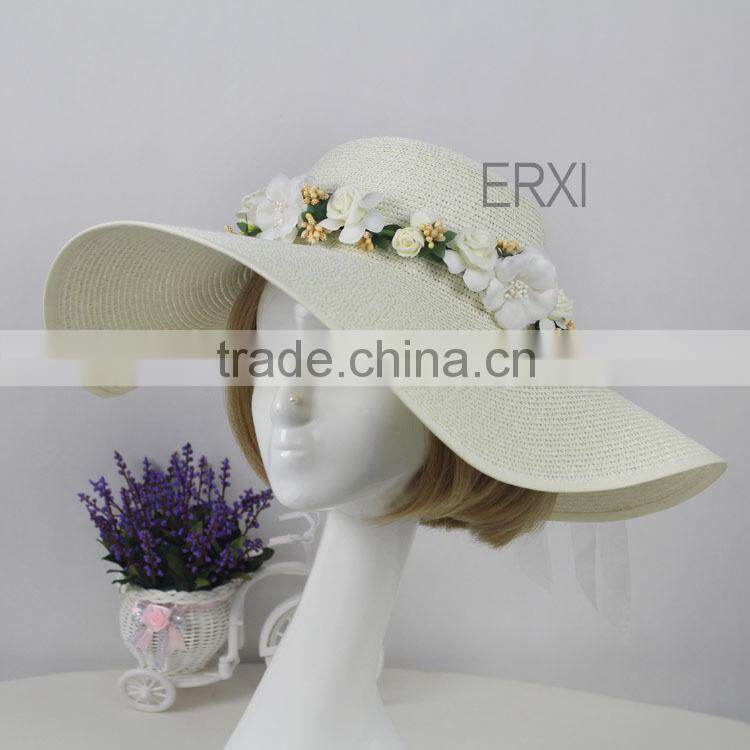 Wholesale Alibaba Laidies Design Summer Paper Straw Panama Hat With Flower Garland