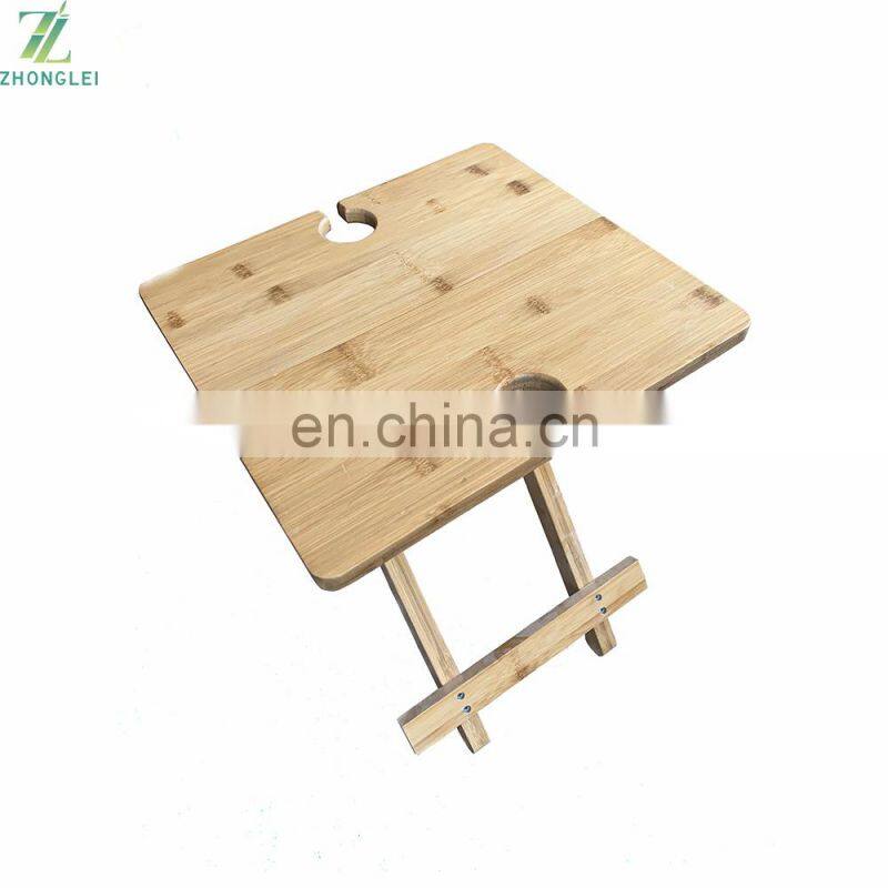 foldable bamboo table travel picnic tray cut out holds 4 stemmed wine glasses folds flat for easy transport with a carry bag