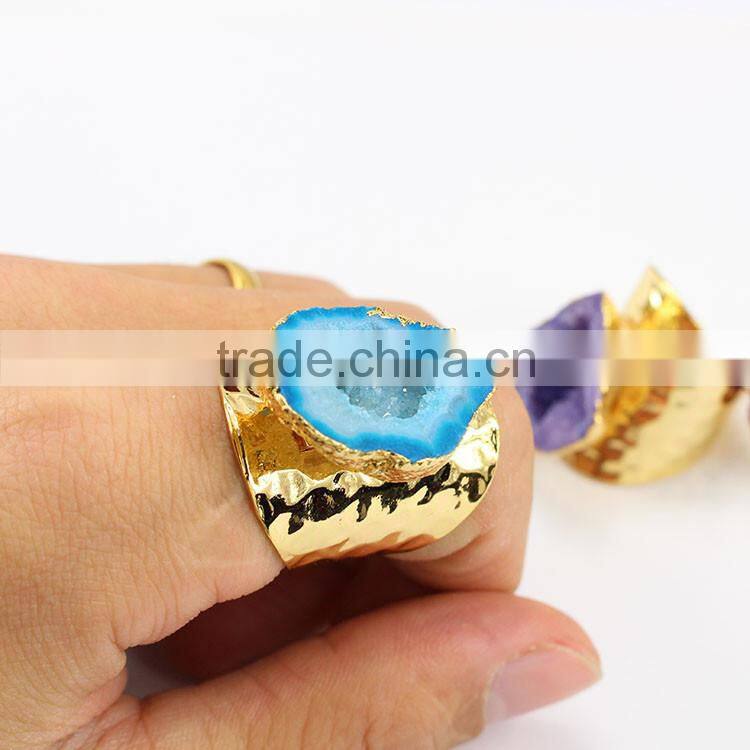 RG1090 Wholesale Double Stone Agate Druzy Ring,Gold plated Two Agate Druzy Geode Ring