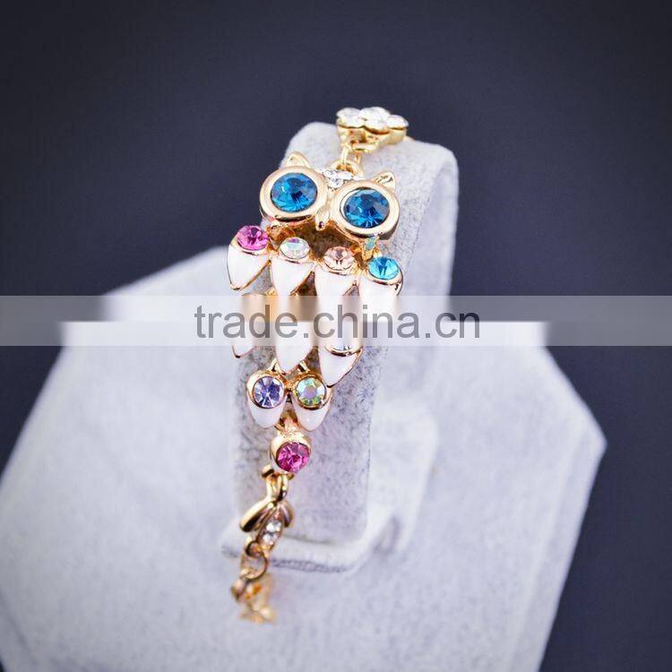 Lovely Adjustable Gold Plated Colorful Owl With Green Eyes Crystal Bracelet