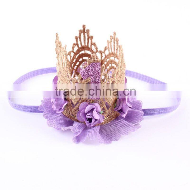 Hot-sales kids large gold lace crown headband baby hair accessory crown baby gold flower hair band wh-1836